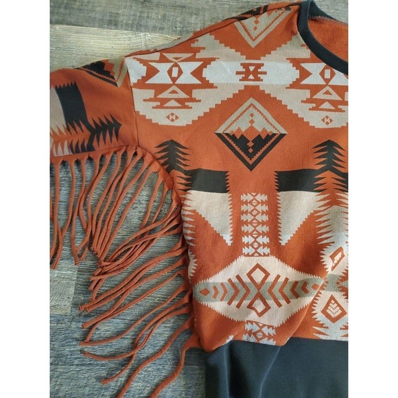 Denim & Supply Ralph Lauren Sweatshirt XL Tribal Aztec Southwestern Fringe top - Picture 4 of 9